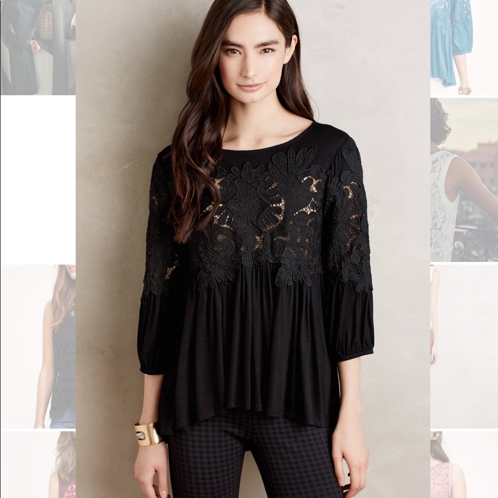 ANTHROPOLOGIE: Black Neck Crochet Blouse - Picture 1 of 4